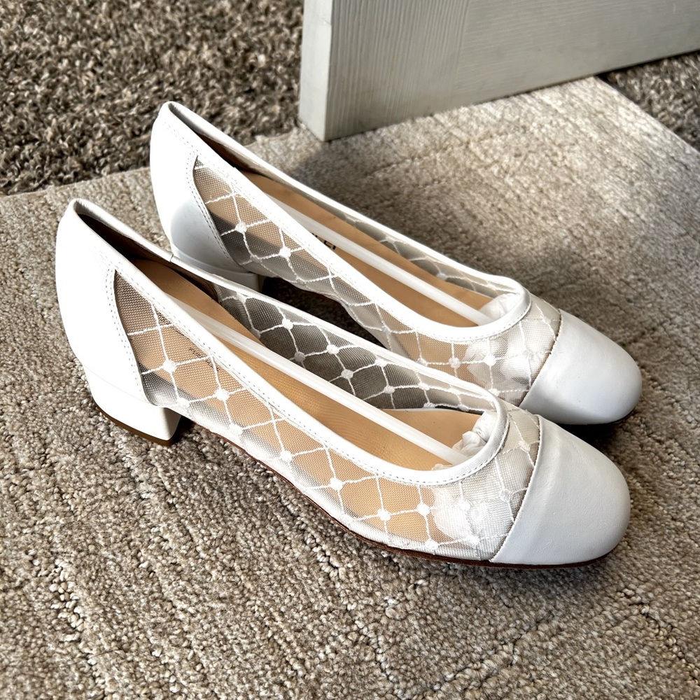 Sesto meucci white mesh, square heel ballet flats shoes